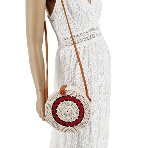 Rattan shoulder bag beige with red new