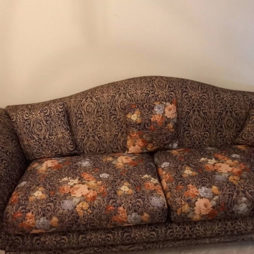 Vintage living room set with 2 sofas, ottoman, and coffee table