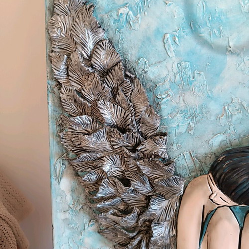 Canvas painting with handmade clay wings, new, 0.80×0.60 m