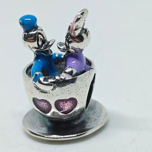 Disney Parks Silver Charm with Donald and Daisy in Tea Cup, like new