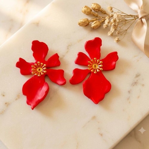 Red Coral Flower Earrings handmade from clay, new