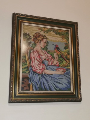 Large Handmade Embroidered Wall Art with Vintage Frame, like new