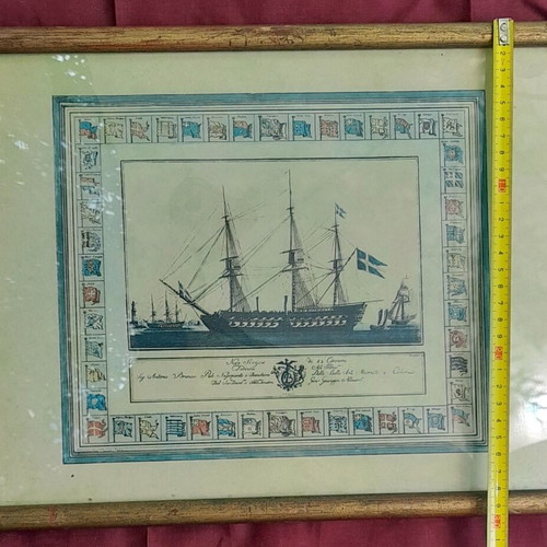 Vintage framed engraving Swedish frigate Galathea by Giuseppe Allezard used