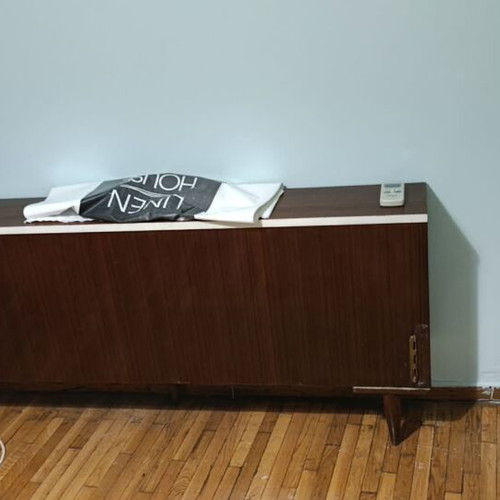 Double bed vintage used with storage headboard and wooden frame