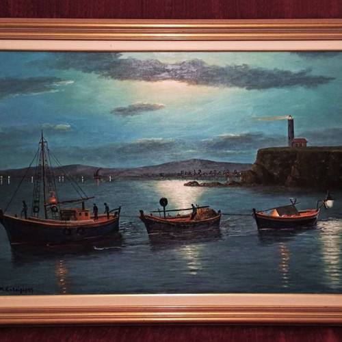 M. Katsigeris Night Fishing Boat on Canvas with Frame new