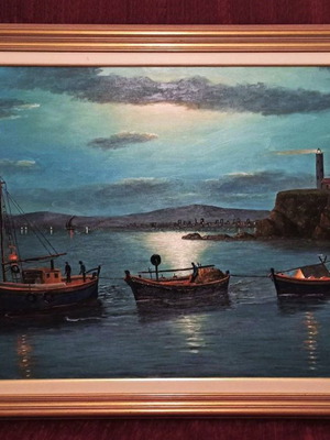 M. Katsigeris Night Fishing Boat on Canvas with Frame new