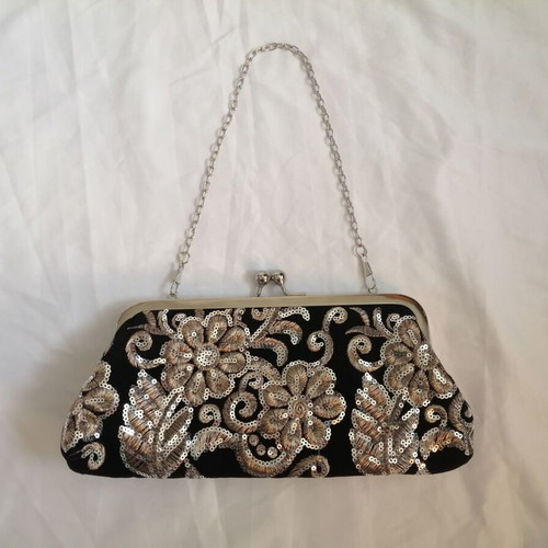 Elegant black clutch bag with sequins and floral embroidery, new