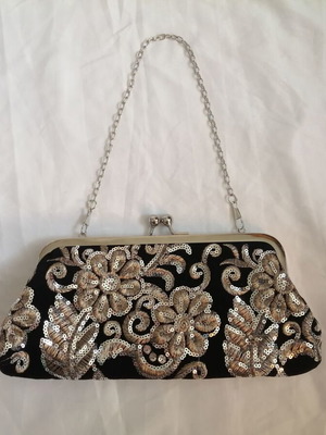 Elegant black clutch bag with sequins and floral embroidery, new
