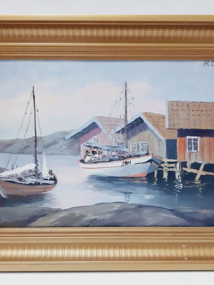 Original oil painting Fish Village signed H.C. like new