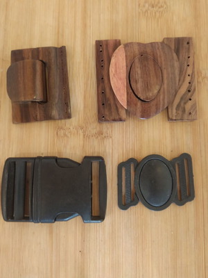 Bag and belt buckles set used, 4 pieces, wood and plastic