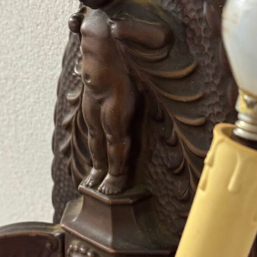 Antique vintage wooden wall sconce with cherub used