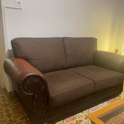 Leather antique sofa set used, 3 pieces with suede cushions