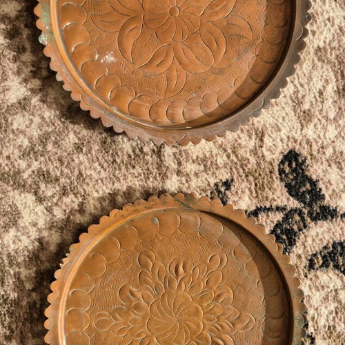 Vintage copper plates used decorative with embossed designs, set of 2