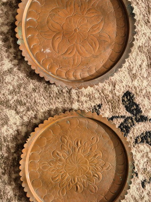 Vintage copper plates used decorative with embossed designs, set of 2