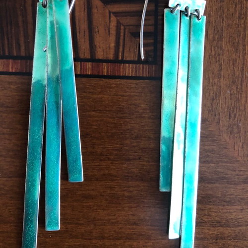Silver earrings used, long, turquoise color