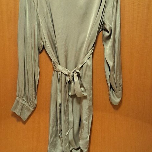 Satin dress new, beige, long sleeve with one shoulder exposed