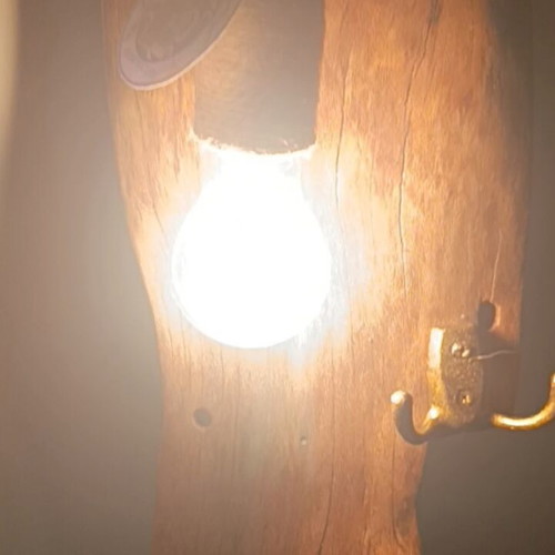 Handcrafted Driftwood Wall Lamp with Vintage Coat Hooks