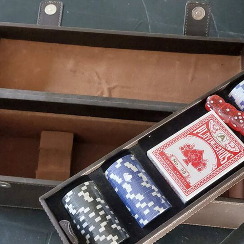 Leather bottle holder new with playing cards, dice and chips
