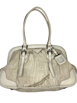 Prada Canapa Frame чанта за рамо употребявана, бели и бежови кожени детайли