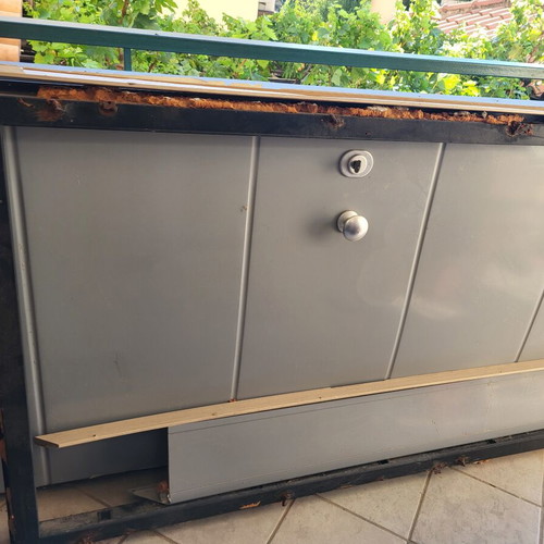 Security door used, complete with frame, lock, cylinder, keys 215×96 cm