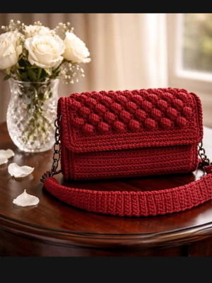 Τσάντα ώμου χειροποίητη πλεκτή κόκκινη καινούργια με εσωτερική επένδυση