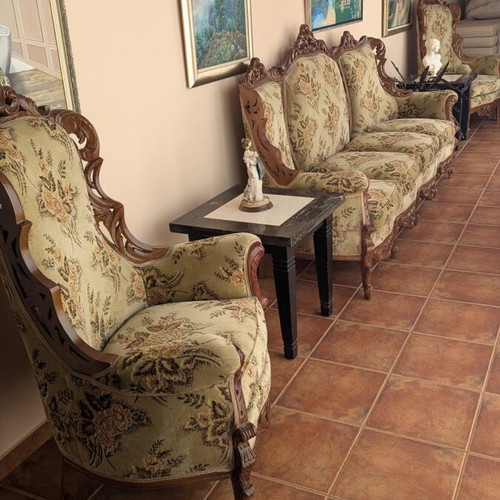 French style living room set like new, olive velvet, handmade wood frame