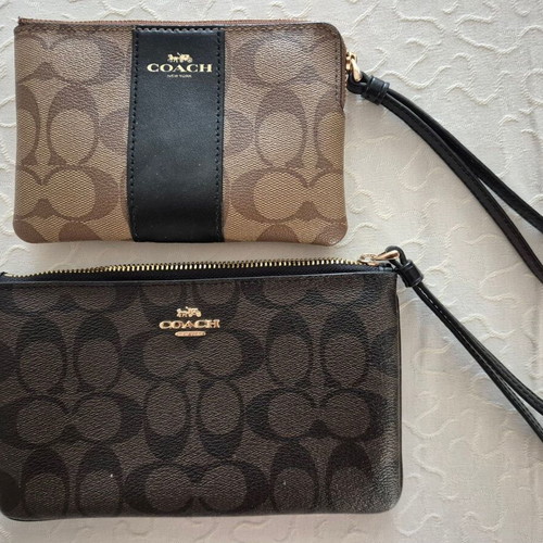 Coach wristlet pouch, beige coated canvas with leather trim