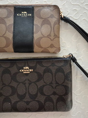 Coach wristlet pouch, beige coated canvas with leather trim