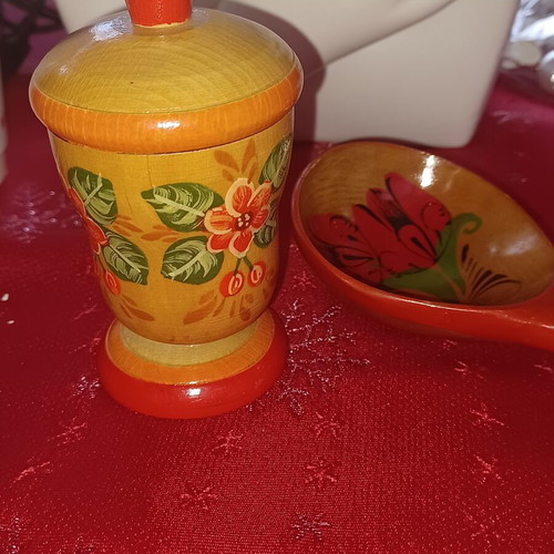 Handmade wooden decorative set with spoon and lidded container like new