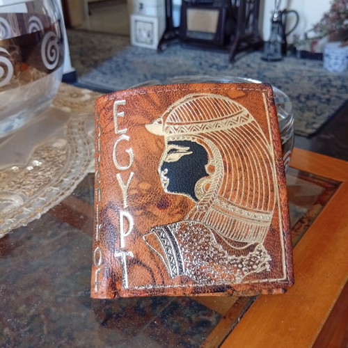 Handmade leather wallet with Egyptian design, like new, brown