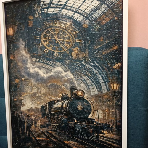 Puzzle 1000 pieces like new with white wooden frame, vintage steam train