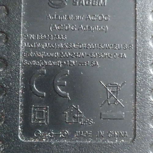 Sagem AC/DC adaptor 12V like new, model KSAFD1200150W1EU