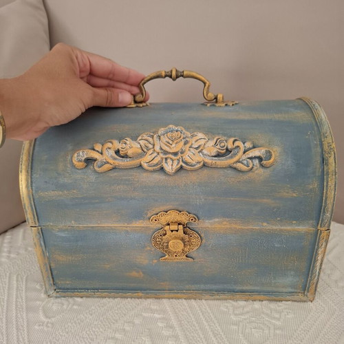 Vintage handmade chest with chalk paint and wood carvings