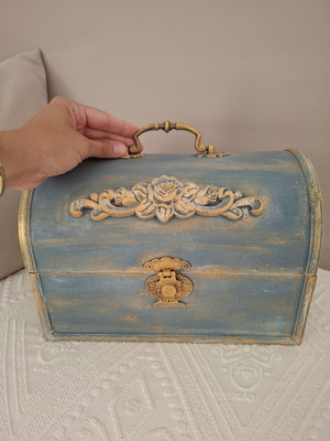 Vintage handmade chest with chalk paint and wood carvings