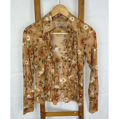 Vintage sheer shirt with floral design and ruffle, like new, brown