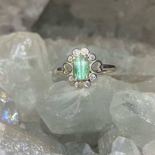 Silver ring with natural green tourmaline and moissanite, new