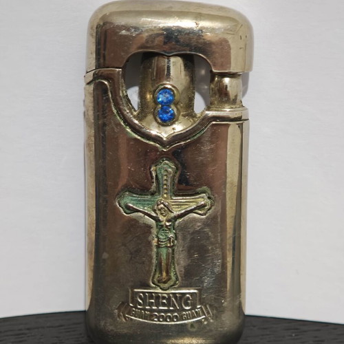 Vintage Sheng 2000 Gas Lighter "Crucifixion" with Blue Crystals new