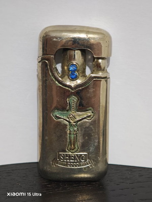 Vintage Sheng 2000 Gas Lighter "Crucifixion" with Blue Crystals new