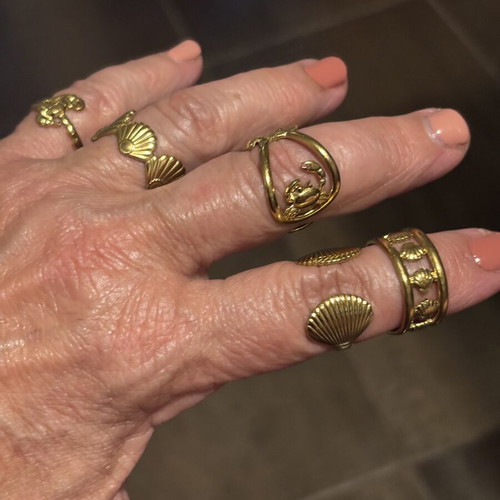 Set of 6 gold-tone stainless steel rings with sea shell designs