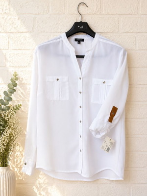 White shirt new with tag, size L, leather strap sleeves