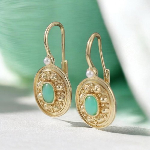 Earrings Byzantine style new, green and gold hypoallergenic brass