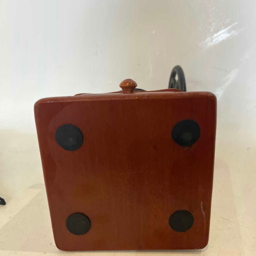 Vintage manual coffee grinder used, porcelain, wood base, cast iron