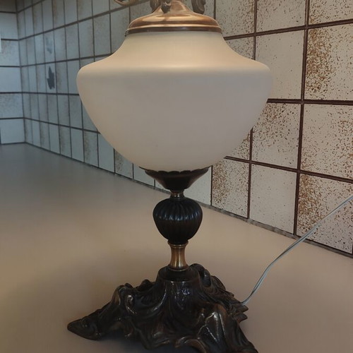 Vintage opaline table lamp used, brass, 55cm height