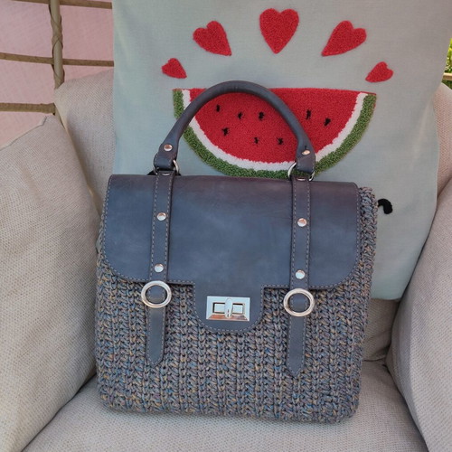 Handmade knitted handbag new with leather details and melange yarn