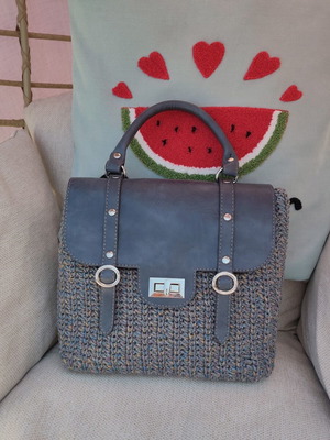 Handmade knitted handbag new with leather details and melange yarn