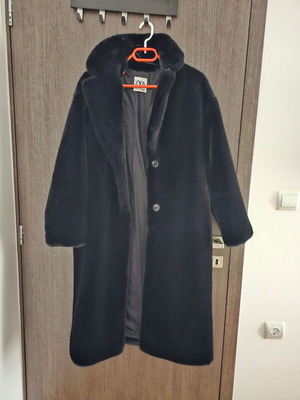 Zara long black eco fur coat like new, size S