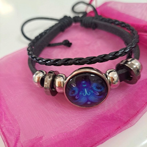 Bracelet with Aries zodiac stone and leather straps new, black