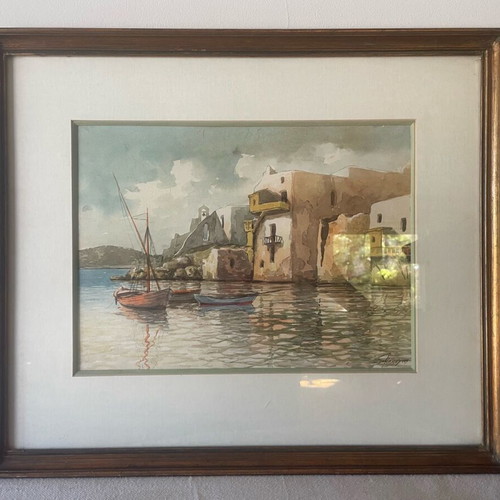 Watercolor by Konstantinos Sofianopoulos Island Landscape with Chapel and Boats framed