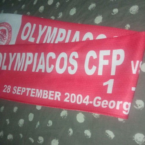 Vintage Olympiacos Liverpool Scarf used, Karaiskakis Stadium 2004