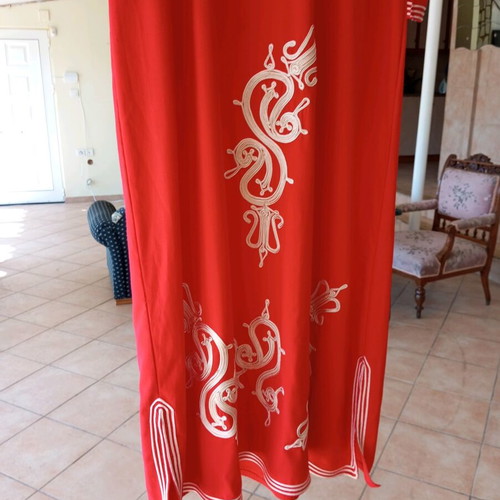 Caftan red satin silk handmade with ecru cords and hood XL from Morocco new